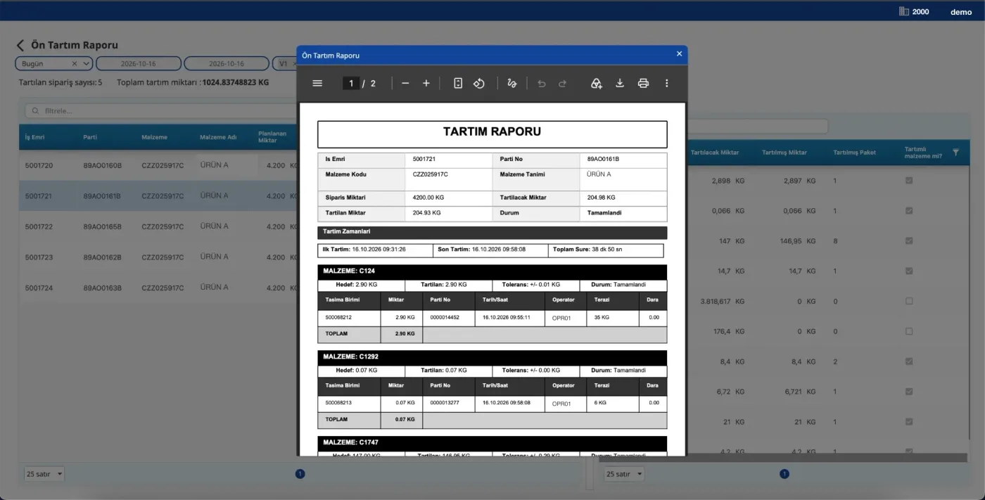 İldiko MES weighing report: target, weighed quantity, tolerance and handling unit records