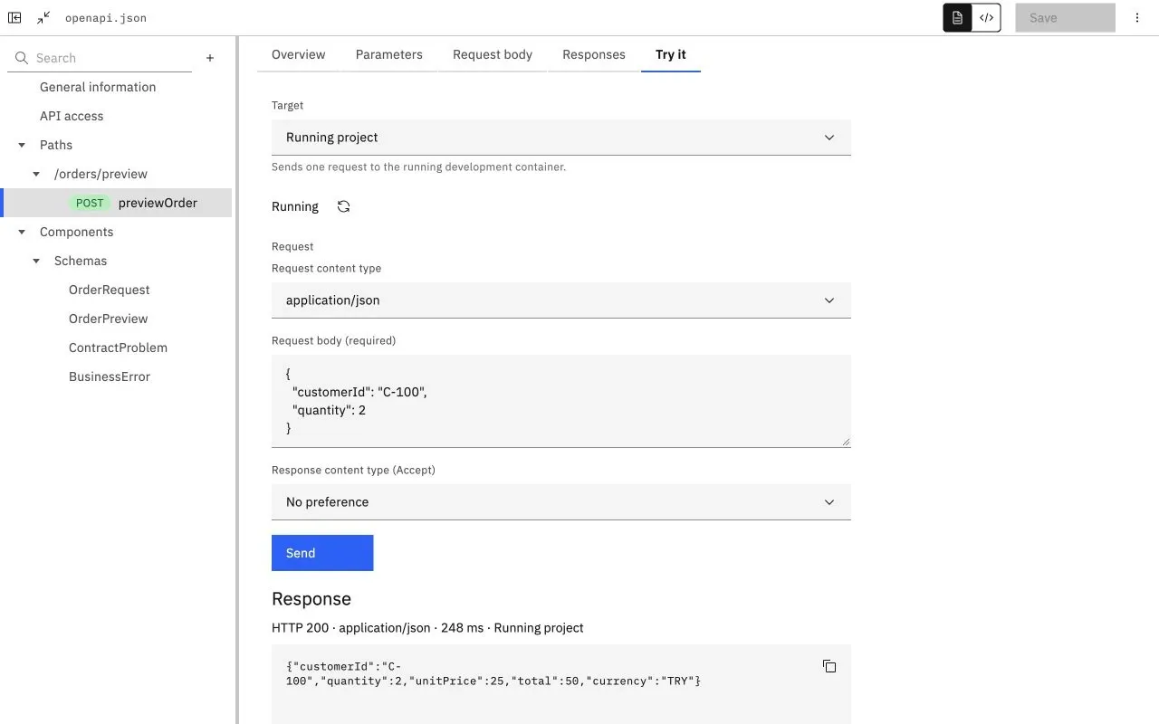 Lunex API testing: an order preview request sent to the running project and an HTTP 200 response
