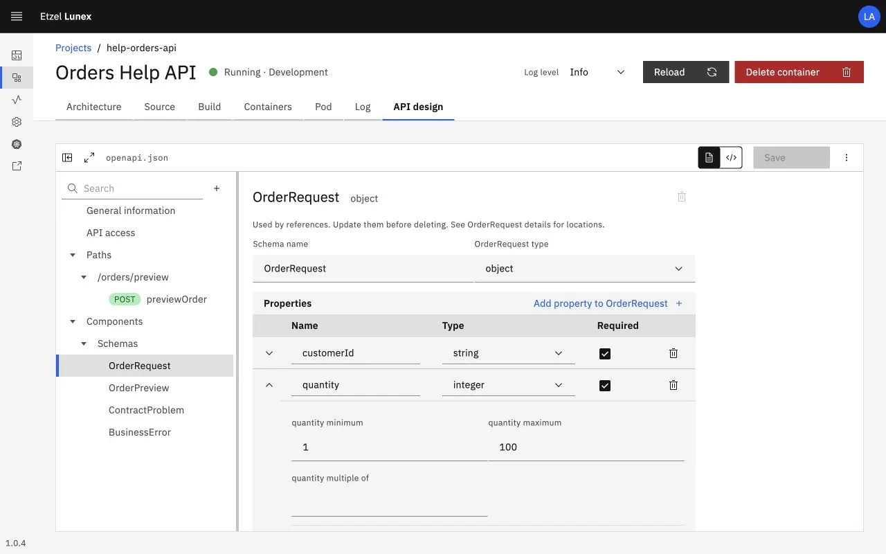 Lunex API design: order request schema with its fields, types and limit values