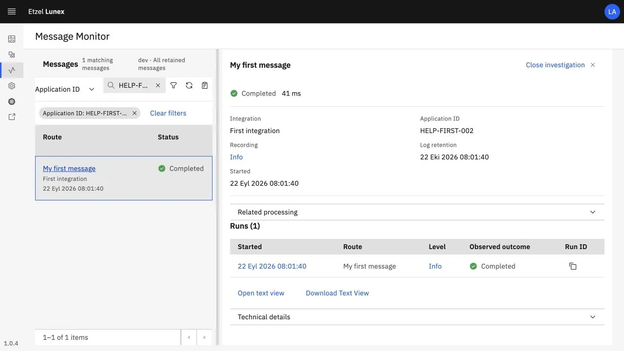 Lunex Message Monitor: a message found by application ID, with its status, duration and execution history