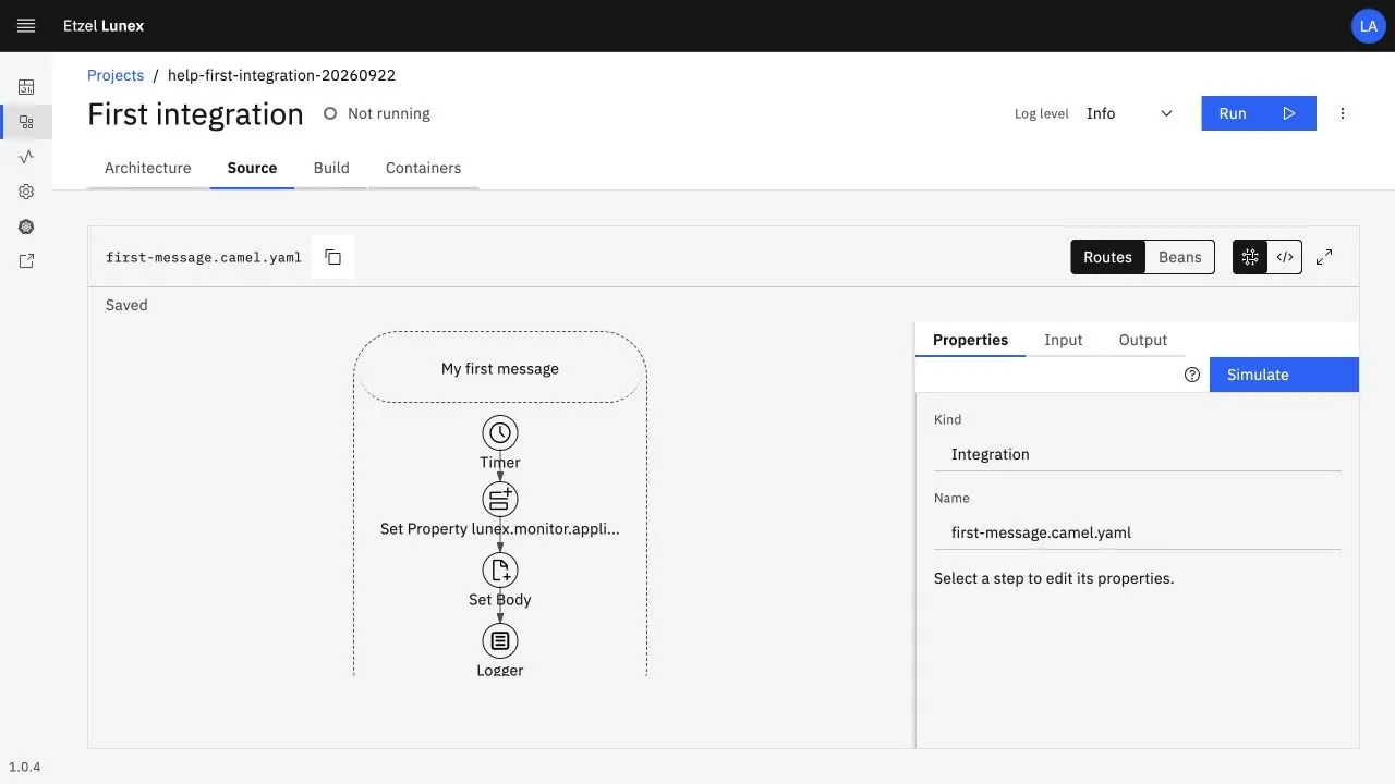 Lunex flow designer: a flow made of timer, set property, set body and log steps